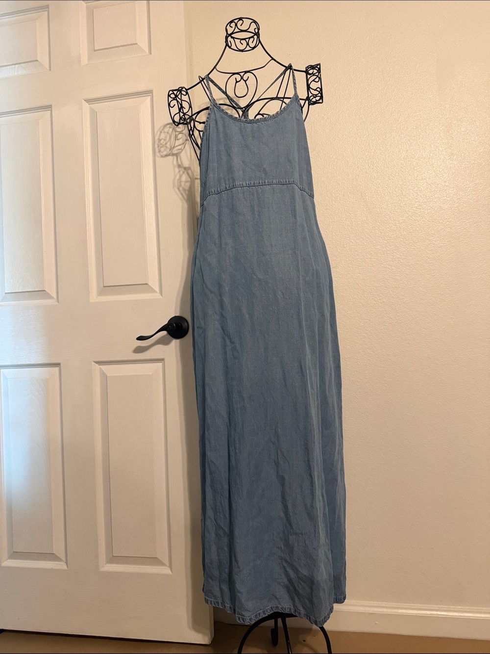 Christopher Blue Light Denim Maxi Slip Dress with Thin Straps